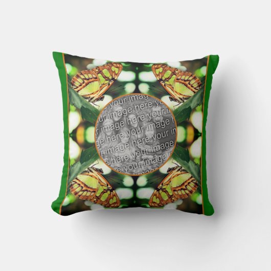 緑の蝶のポーズ付けフレーム自分の写真を作成 クッション (正面)