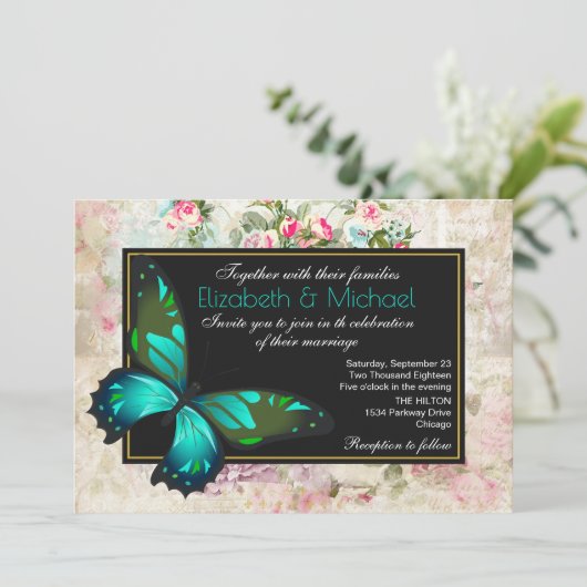 緑の蝶のヴィンテージのコラージュ結婚の 招待状 (スタンド正面)