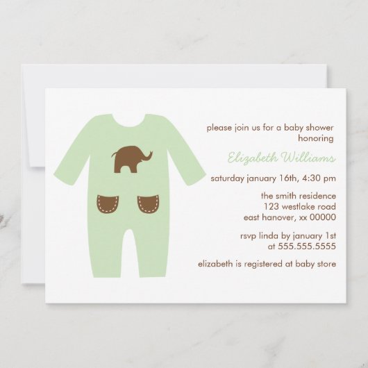 緑の衣装男女兼用赤ちゃんシャワー 招待状 (正面)