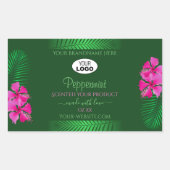 緑の製品ラベルピンクの花のパーム葉のロゴ 長方形シール (正面)