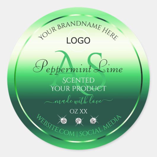 緑の製品ラベルRhinestonesモノグラムとロゴ ラウンドシール (正面)