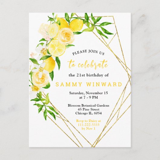 緑の誕生日パーティーが開催されるレモンと花 ポストカード (正面)