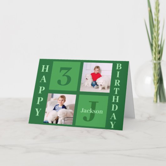 緑の誕生日フォトコラージュパーソナライズされたキッズ カード (正面)