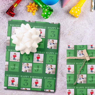 緑の誕生日フォトコラージュパーソナライズされたキッズ ラッピングペーパーシート