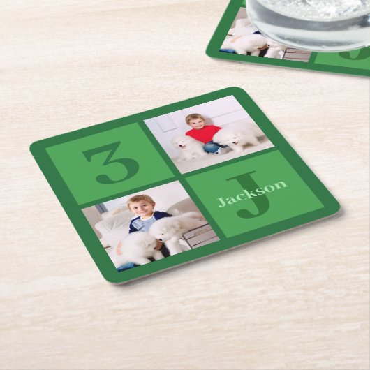 緑の誕生日フォトコラージュパーソナライズされたパーティー スクエアペーパーコースター (アングル)