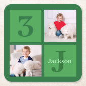 緑の誕生日フォトコラージュパーソナライズされたパーティー スクエアペーパーコースター (正面)
