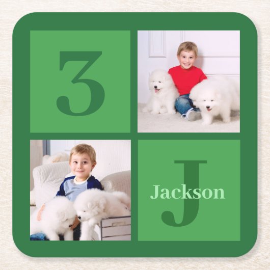 緑の誕生日フォトコラージュパーソナライズされたパーティー スクエアペーパーコースター (正面)