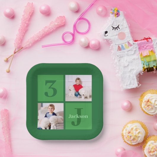 緑の誕生日フォトコラージュパーソナライズされたパーティー ペーパープレート (パーティー)