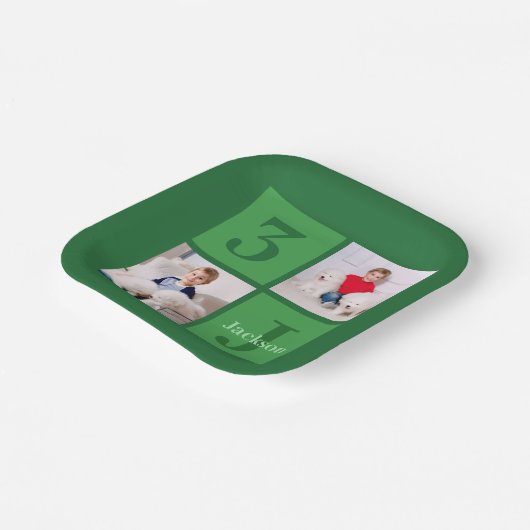 緑の誕生日フォトコラージュパーソナライズされたパーティー ペーパープレート (傾斜あり)