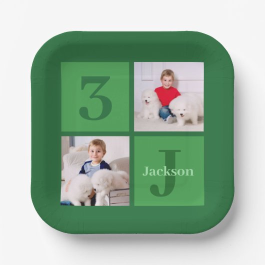 緑の誕生日フォトコラージュパーソナライズされたパーティー ペーパープレート (正面)