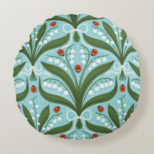 緑の谷のユリとテントウムシの対称性 ラウンドクッション (正面)