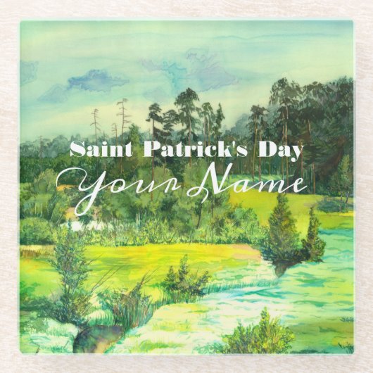 緑の谷絵画の水色 ガラスコースター (正面)