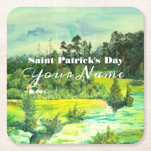 緑の谷絵画の水色 スクエアペーパーコースター (正面)