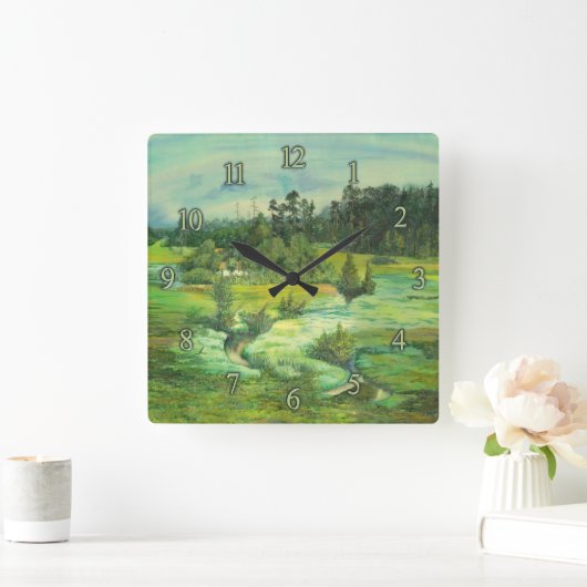 緑の谷絵画の水色 スクエア壁時計 (ホーム)