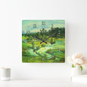 緑の谷絵画の水色 スクエア壁時計 (ホーム)