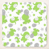緑の象のパターン，かわいい象，星 スクエアペーパーコースター (正面)
