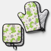 緑の象のパターン，かわいい象，星 鍋つかみ&鍋敷きセット (正面/裏面)