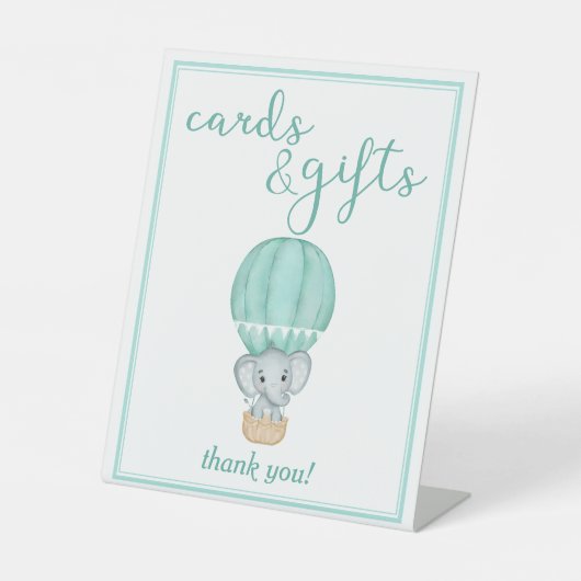 緑の象の赤ちゃんシャワーカードとギフト 台座サイン (正面)