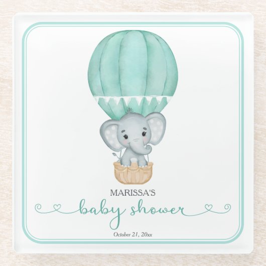 緑の象の赤男女兼用ちゃんシャワー ガラスコースター (正面)