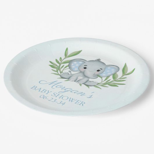 緑の象の青い少年の赤ちゃんシャワー ペーパープレート (アングル)