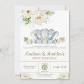 緑の象ツインズボーイガールバースデーパーティー 招待状 (正面)