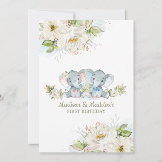 緑の象ツインズボーイガールバースデーパーティー 招待状 (裏面)