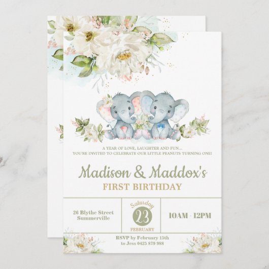 緑の象ツインズボーイガールバースデーパーティー 招待状 (正面/裏面)