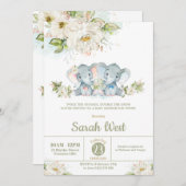 緑の象ツインズボーイガールベビーシャワー 招待状 (正面/裏面)