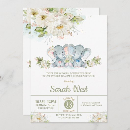 緑の象ツインズボーイガールベビーシャワー 招待状 (正面/裏面)