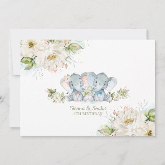 緑の象ツインズボーイガール誕生日写真 招待状 (裏面)