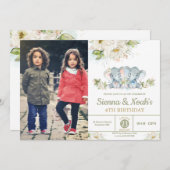 緑の象ツインズボーイガール誕生日写真 招待状 (正面/裏面)