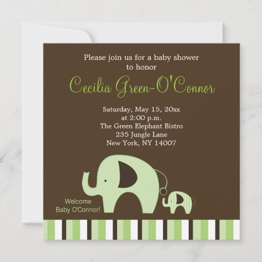 緑の象（男の子または女の子ニュートラル） 5x5招待状 招待状 (正面)