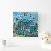 緑の貨物トラック-貨物自動車およびハイウェーの芸術 スクエア壁時計 (ホーム)