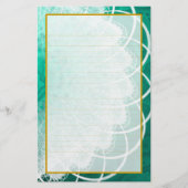 緑の質の文房具の並べられた白いレース 便箋 (正面)