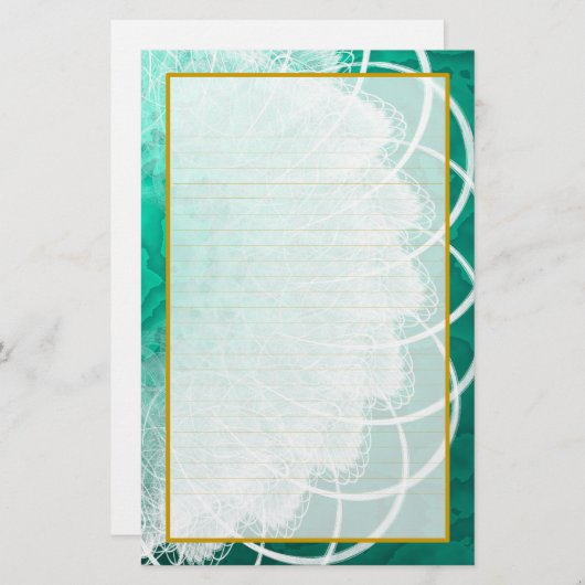 緑の質の文房具の並べられた白いレース 便箋 (正面/裏面)