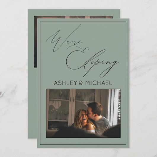 緑の贅沢なカリグラフィー 私たちはこっそり結婚する 披露宴 招待状 (正面/裏面)