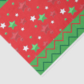 緑の赤いクリスマスの光沢のある星とジグザグのストライプ 薄葉紙 (詳細)