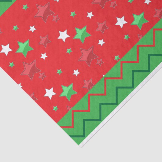 緑の赤いクリスマスの光沢のある星とジグザグのストライプ 薄葉紙 (詳細)