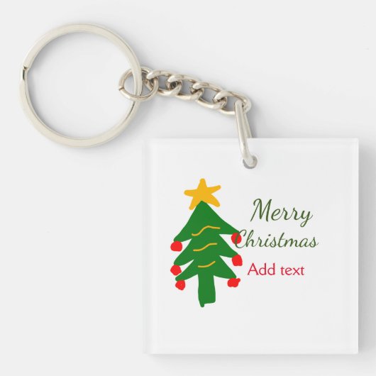 緑の赤いクリスマスツリー陽気なクリスマスの名前を追加 キーホルダー (正面)
