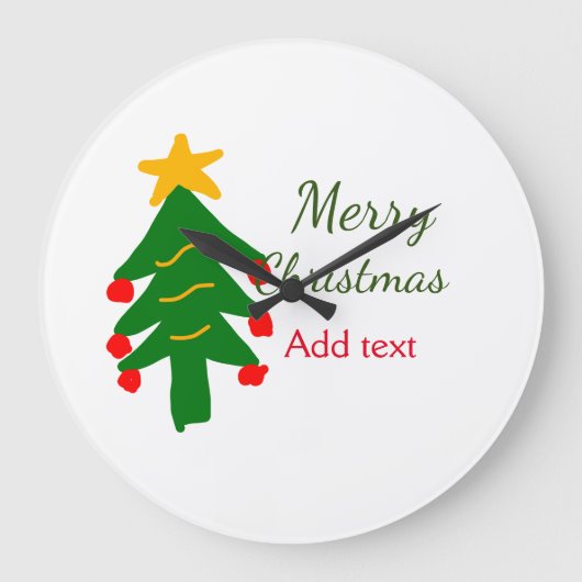 緑の赤いクリスマスツリー陽気なクリスマスの名前を追加 ラージ壁時計 (正面)