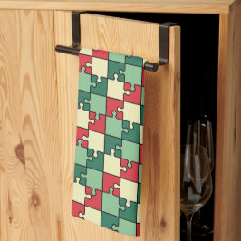 緑の赤いジオメトリックパズルピースのパターン キッチンタオル