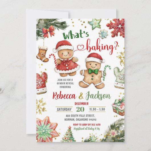 緑の赤いジンジャーブレッドCookieの性別が表示 招待状 (正面)