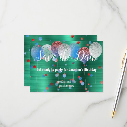 緑の赤いスポット風船 赤い SAVE THE DATE 出席確認カード 出欠カード (正面/裏面インサイチュ)