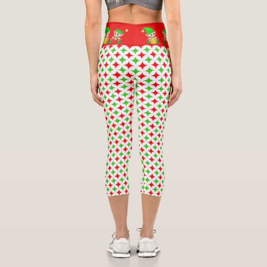 緑の赤いダイヤモンド星パターンを持つクリスマス小妖精や小人 カプリレギンス (裏面)