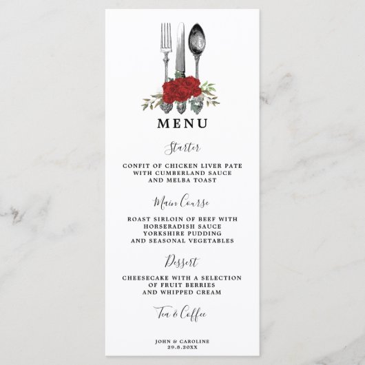 緑の赤いバラのカトラリー結婚のメニューカード メニュー (正面)