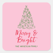 緑の赤いピンクの手描きリボンの木のクリスマス