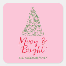 緑の赤いピンクの手描きリボンの木のクリスマス スクエアシール