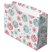緑の赤いフェスティバルの渦巻きと雪の結晶クリスマス ラージペーパーバッグ (裏面アングル)