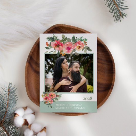 緑の赤いフローラ自分の写真のクリスマスを追加 シーズンカード