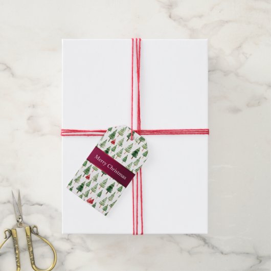 緑の赤いメリークリスマスツリー ギフトタグ (より糸付き)